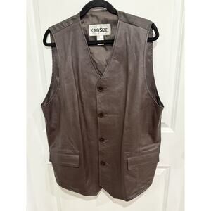 King Size Brand Mens Large Genuine Leather Brown Sleeveless Button Down Pockets